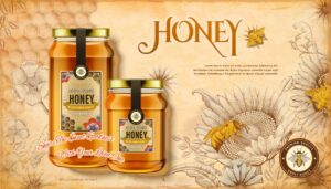 وکتور ظرف و شیشه عسل به همراه موم و زنبور عسل، وکتور لیبل و برچسب عسل