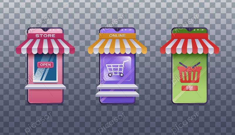 وکتور پس زمینه ایلوستریشن سه بعدی فروشگاه آنلاین و اپلیکیشن موبایل خرید اینترنتی و تحویل کالا