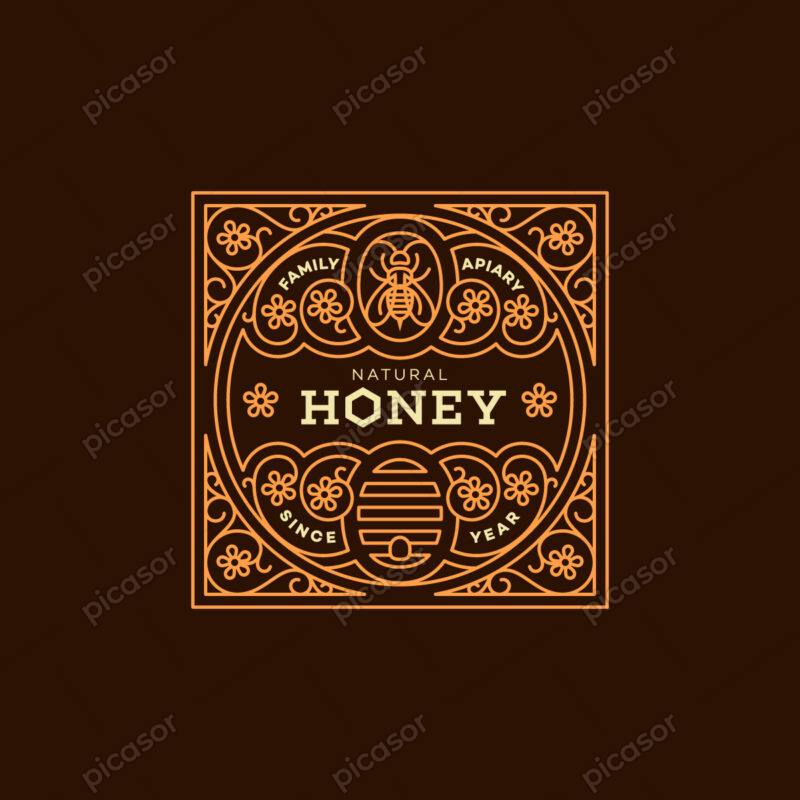 وکتور عسل به همراه کندو و زنبور عسل، وکتور لیبل و برچسب مربعی عسل