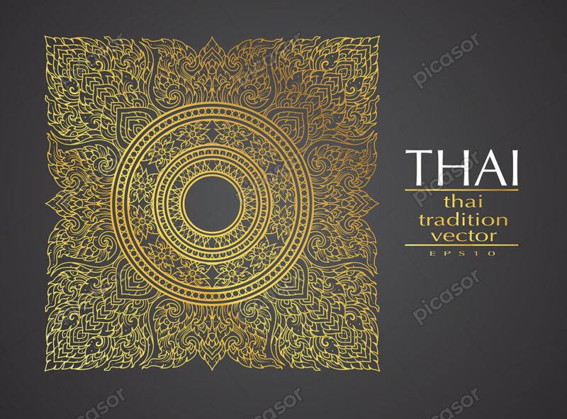 وکتور شمسه مربعی اسلیمی گل و بوته تزئینی طلایی هنر تایلندی