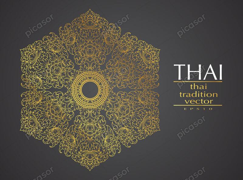 وکتور شمسه شش ضلعی اسلیمی گل و بوته تزئینی طلایی هنر تایلندی