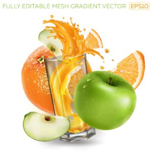 وکتور سیب سبز و پرتقال و لیوان آب پرتقال