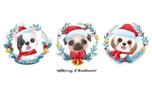 وکتور توله سگهای کارتونی آبرنگی بانمک با کلاه و شال و لباسهای کریسمس قرمز