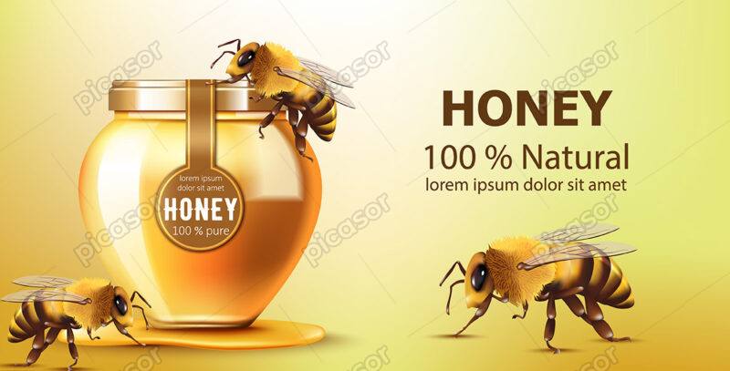 وکتور ظرف و شیشه عسل و زنبور عسل، وکتور لیبل و برچسب عسل
