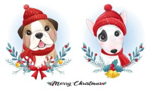 وکتور توله سگهای کارتونی آبرنگی بانمک با کلاه و شال و لباسهای کریسمس قرمز