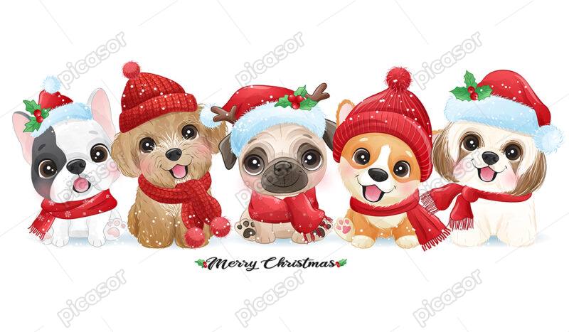 وکتور توله سگهای کارتونی آبرنگی با لباسهای کریسمس قرمز