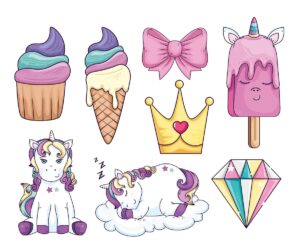 وکتور اسب تک شاخ، بستنی، کاپ کیک، تاج طلایی الماس و پاپیون کارتونی