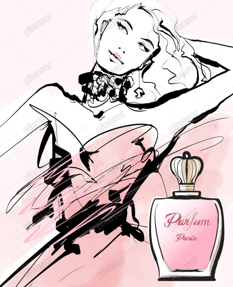 وکتور دختر جوان و شیشه عطر ادکلن وکتور زن مدل - مدلینگ آرایش فشن