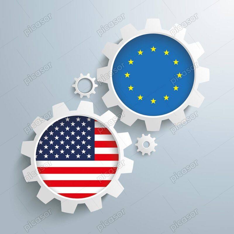 وکتور پرچم اتحادیه اروپا و پرچم آمریکا داخل چرخ دنده - وکتور همکاری تجاری اتحادیه اروپا و آمریکا