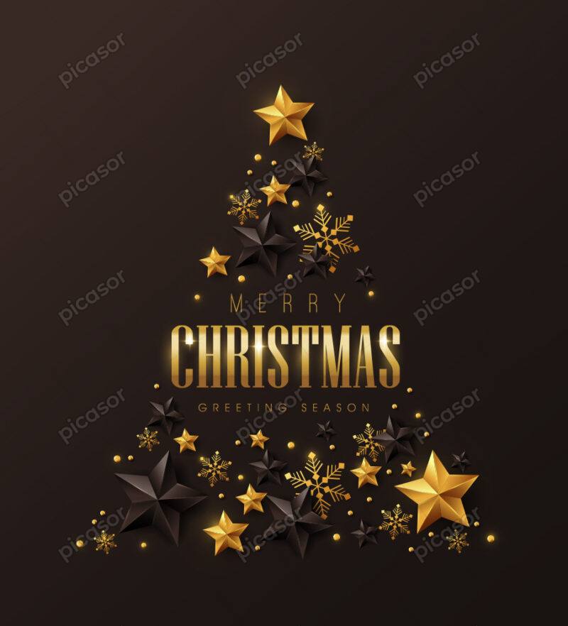 وکتور ستاره و برف طلایی - پس زمینه کریسمس ستاره و دانه برف های طلایی به شکل درخت مثلث