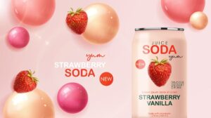 وکتور قوطی آب توت فرنگی - پس زمینه تبلیغاتی محصولات نوشیدنی و آبمیوه