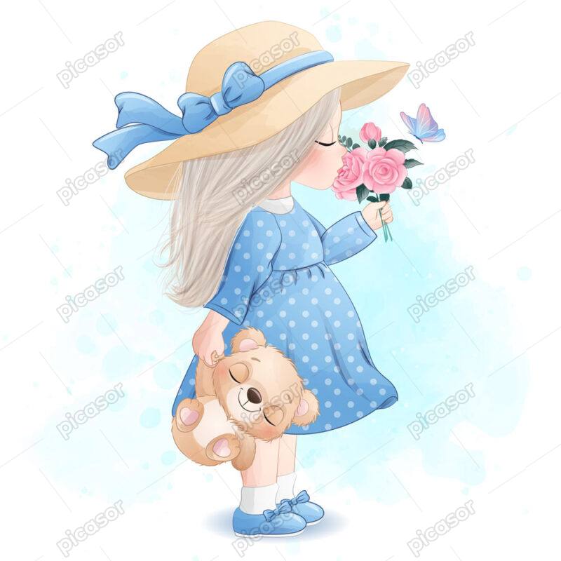 وکتور دختربچه و عروسک خرسی تدی بر – وکتور دختربچه نقاشی آبرنگی با المان گلهای رز صورتی