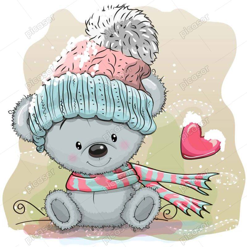 وکتور خرس کارتونی تدی بر خاکستری با کلاه زمستانی