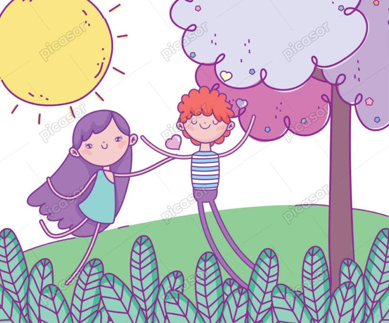 وکتور ایلوستریشن دختر و پسر - وکتور 2 دوست در جنگل با المانهای خورشید درخت و بوته