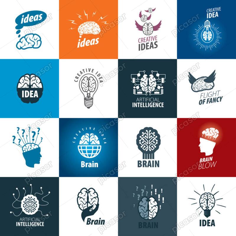 16 وکتور لوگو مغز انسان، فن آوری، ایده خلاقیت و پیشرفت