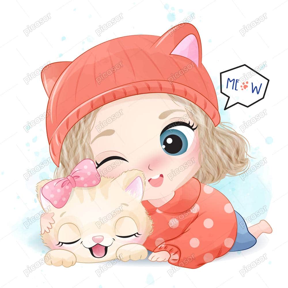 وکتور دختربچه و گربه زرد- وکتور دختربچه نقاشی آبرنگی وکتور دختربچه و گربه زرد- وکتور دختربچه نقاشی آبرنگی