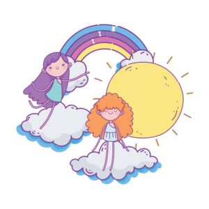 وکتور ایلوستریشن دختر - وکتور 2 دوست دختر با المانهای خورشید رنگین کمان و آسمان