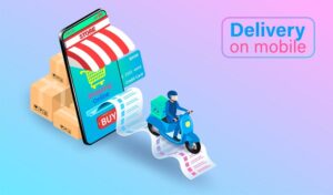 وکتور فروشگاه اینترنتی آنلاین و اپلیکیشن موبایل خرید اینترنتی و تحویل کالا - وکتور پیک موتوری