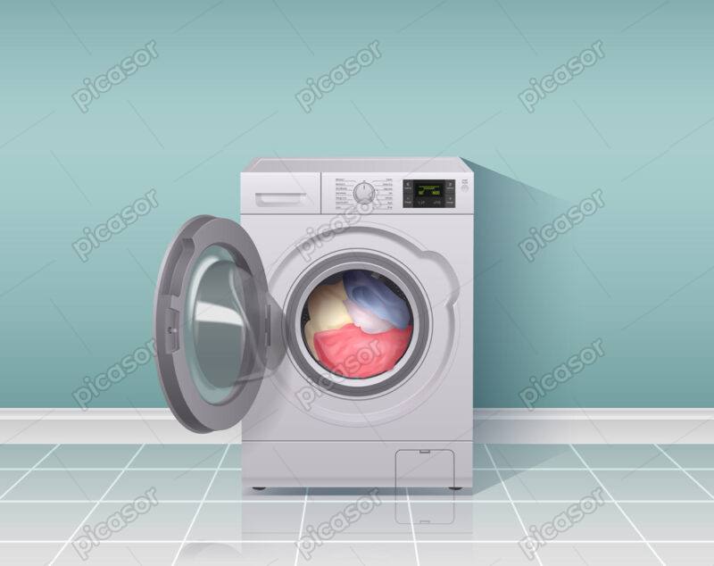 وکتور ماشین لباسشویی و لباس های رنگی داخل ماشین لباس شویی