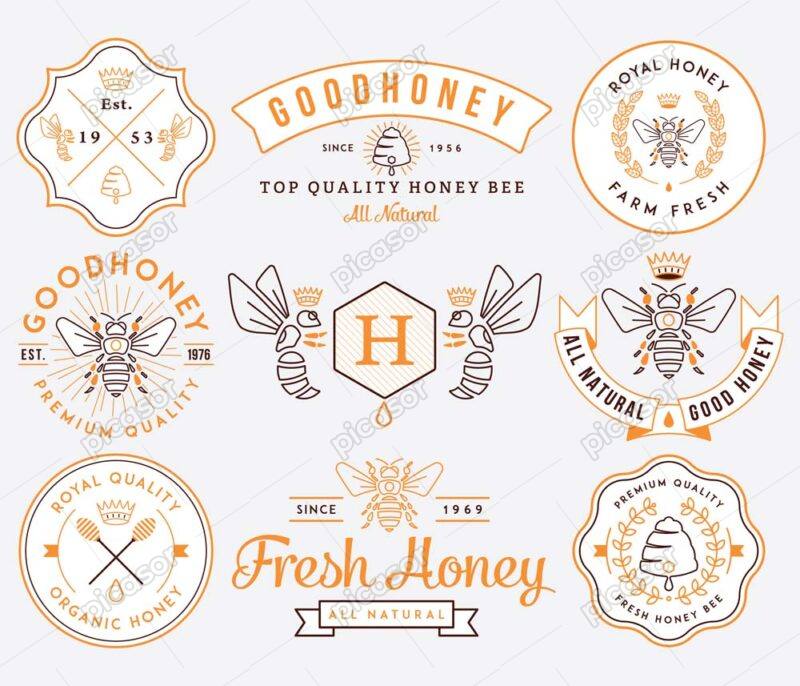 9 وکتور زنبور عسل لیبل عسل برچسب و آیکون های محصولات عسل و شهد - مونوگرام عسل