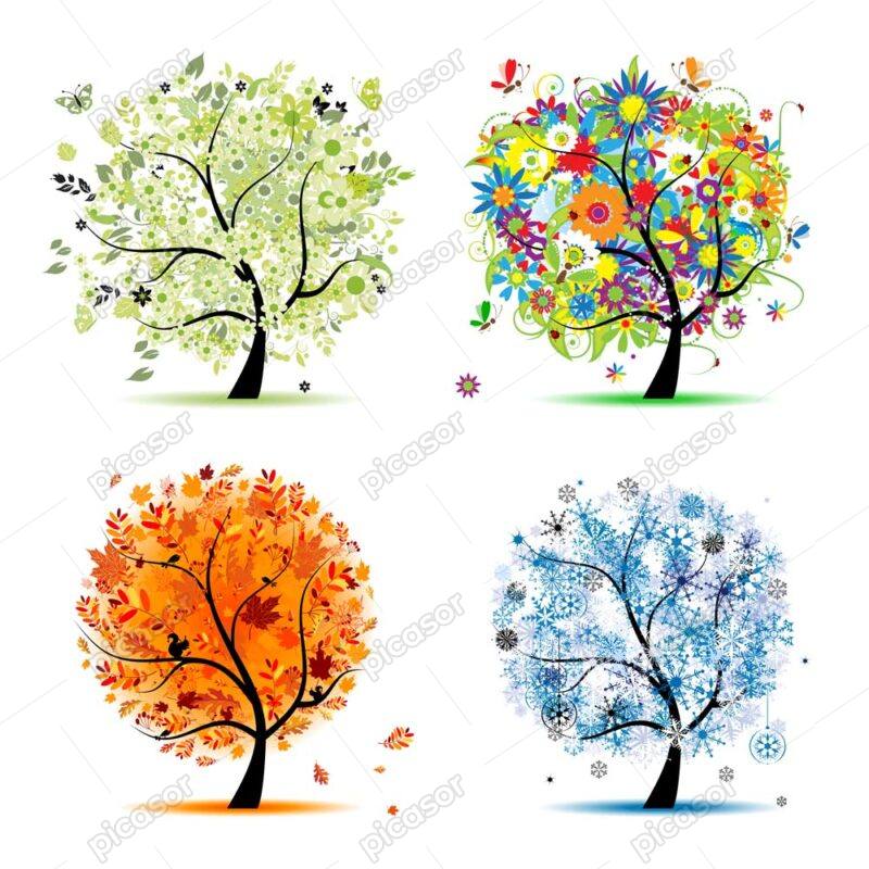وکتور 4 فصل، وکتور درخت در فصول مختلف طرح گرافیکی