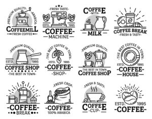12 لوگو قهوه و کافه لوگو کافی شاپ، وکتور لوگو مرتبط با قهوه محصولات قهوه کافه و کافی شاپ