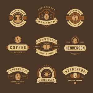 9 لوگو دانه قهوه و کافه، وکتور لوگو مرتبط با نوشیدنی قهوه محصولات قهوه کافه و کافی شاپ