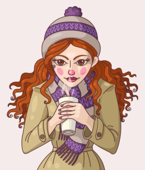 وکتور دختر جوان و لیوان قهوه در دست