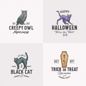 4 وکتور نمادهای هالووین گربه جغد و تابوت طرح وینتج واقعی