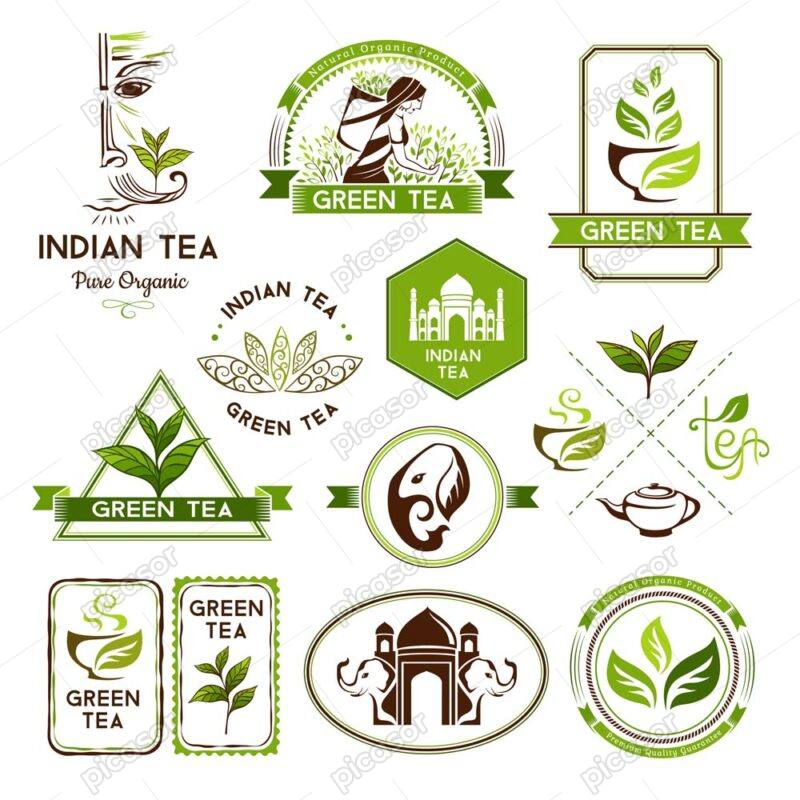 لیبل فیل هندی برچسب چای سبز وکتور لیبل برچسب چای برچسب چای سیلان برچسب برگ چای برچسب مزرعه