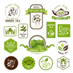 14 وکتور برچسب لیبل چای سمبلهای مربوط به چای سیلان و لیبل مزرعه چای، لیبل برگ چای و فیل هندی قوری چای