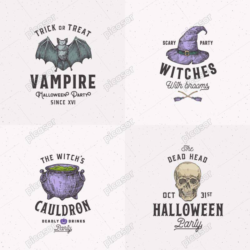 4 وکتور نمادهای هالووین جمجمه خفاش کلاه جادوگر و دیگ جادوگری طرح وینتج واقعی