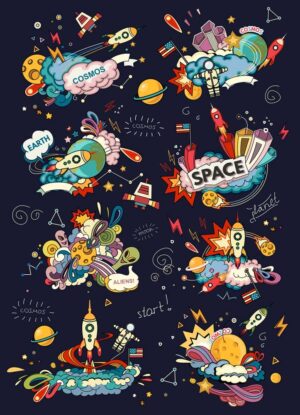 8 وکتور کارتونی فضانورد، فضاپیما، فضا، سیاره ها و طرح مصور فضایی