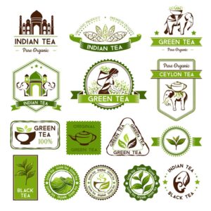 15 وکتور برچسب لیبل چای سمبلهای مربوط به چای سیلان و لیبل مزرعه چای، لیبل برگ چای و فیل هندی قوری چای
