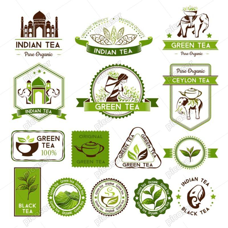 15 وکتور برچسب لیبل چای سمبلهای مربوط به چای سیلان و لیبل مزرعه چای، لیبل برگ چای و فیل هندی قوری چای