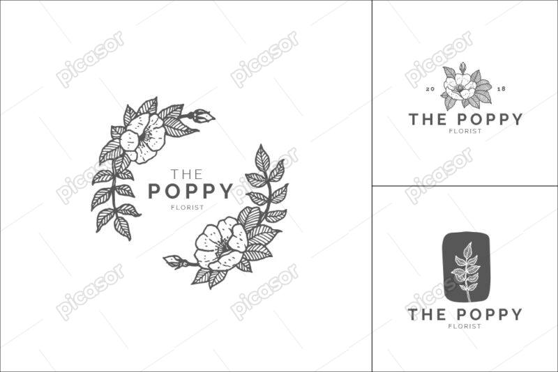 3 وکتور لوگو گل مینیمال نقاشی خطی لوکس - لوگو گلبرگ و غنچه گل مینیمال