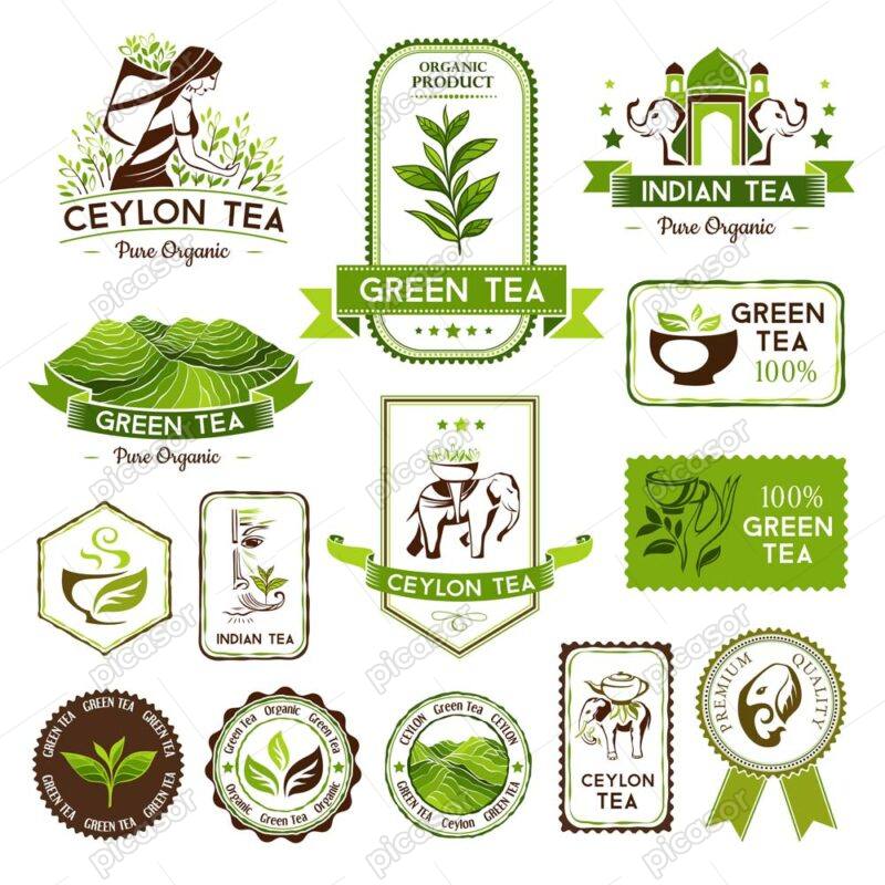 14 وکتور برچسب لیبل چای سمبلهای مربوط به چای سیلان و لیبل مزرعه چای، لیبل برگ چای و فیل هندی