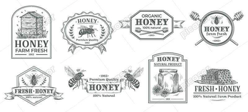8 وکتور زنبور عسل لیبل عسل برچسب و آیکون های محصولات عسل و شهد طرح وینتج - مونوگرام عسل سیاه و سفید