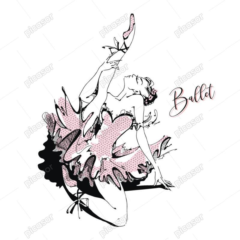 وکتور رقصنده باله نقاشی آبرنگی - وکتور زن جوان در حال رقص باله - وکتور بالرین