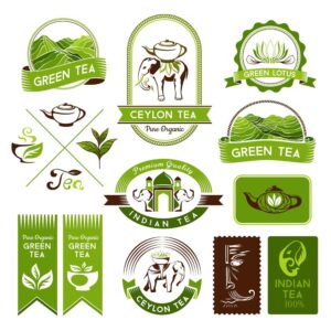 12 وکتور برچسب لیبل چای سمبلهای مربوط به چای سیلان و لیبل مزرعه چای، لیبل برگ چای و فیل هندی