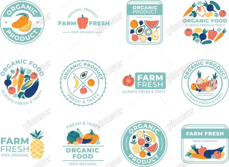 12 وکتور برچسب و لیبل محصولات ارگانیک لوگو لیبل میوه و سبزیجات ارگانیک