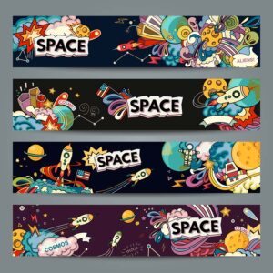 4 بنر وکتور کارتونی فضایی فضانورد، فضاپیما، فضا، سیاره ها و طرح مصور فضایی