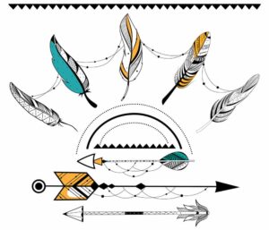 9 وکتور نمادهای سرخپوستان آمریکایی، تیر کمانو پر پرندگان رنگی