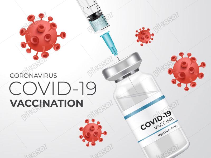 وکتور واکسن کرونا - پس زمینه واکسن کرونا و سرنگ و ویروسهای کرونا قرمز
