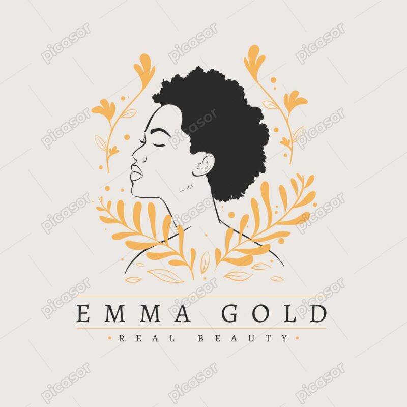 وکتور لوگو مینیمال زن جوان و برگهای طلایی - وکتور نقاشی خطی با مداد از چهره زن - لوگو سالن زیبایی