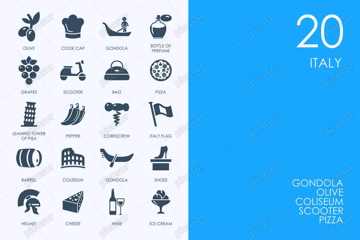 وکتور 20 آیکون نمادهای کشور ایتالیا وکتور 20 آیکون نمادهای کشور ایتالیا