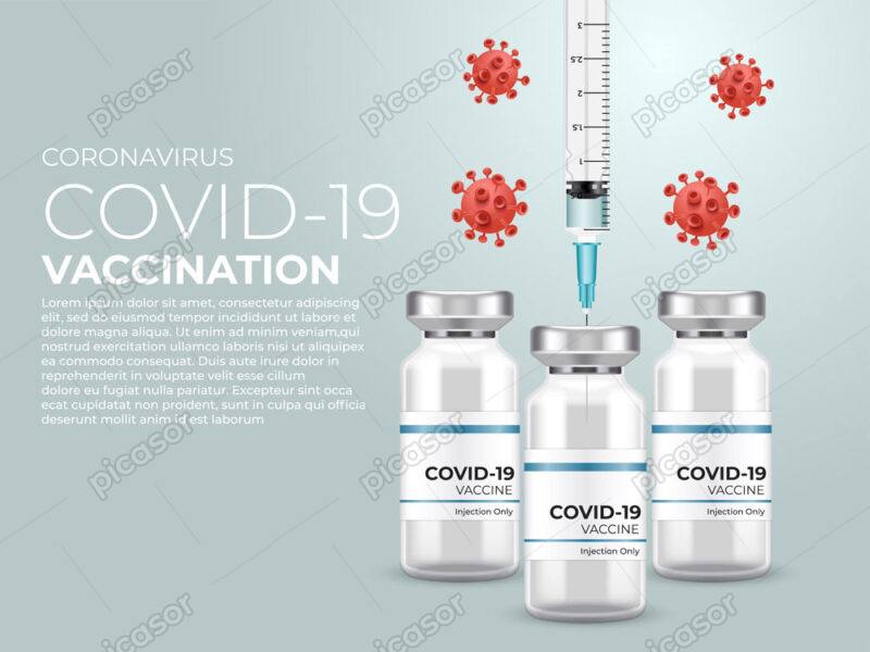 وکتور واکسن کرونا - پس زمینه واکسن کرونا و سرنگ و ویروسهای کرونا قرمز