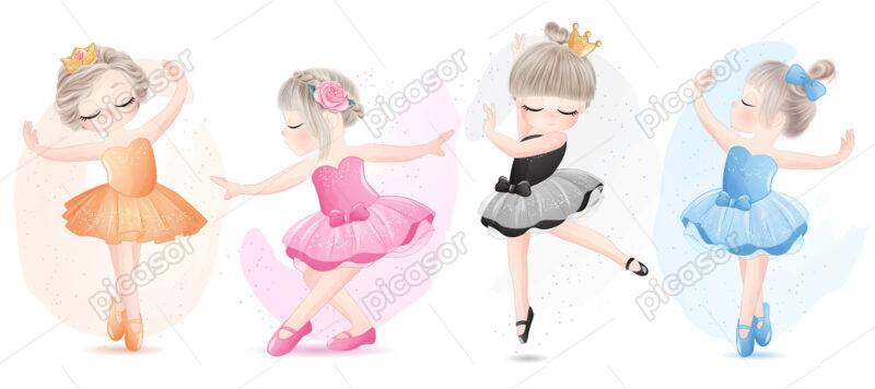 وکتور دختر کوچک رقصنده باله کارتونی نقاشی آبرنگی 4 وکتور دختر بالرین در حال رقص باله