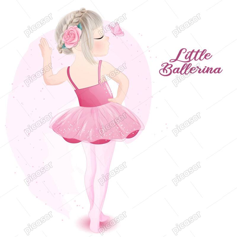 وکتور دختر کوچک با لباس باله و پروانه نقاشی آبرنگی