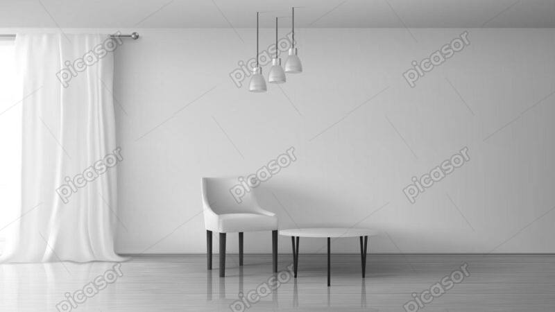 وکتور دکوراسیون داخلی میز و صندلی و پرده سفید